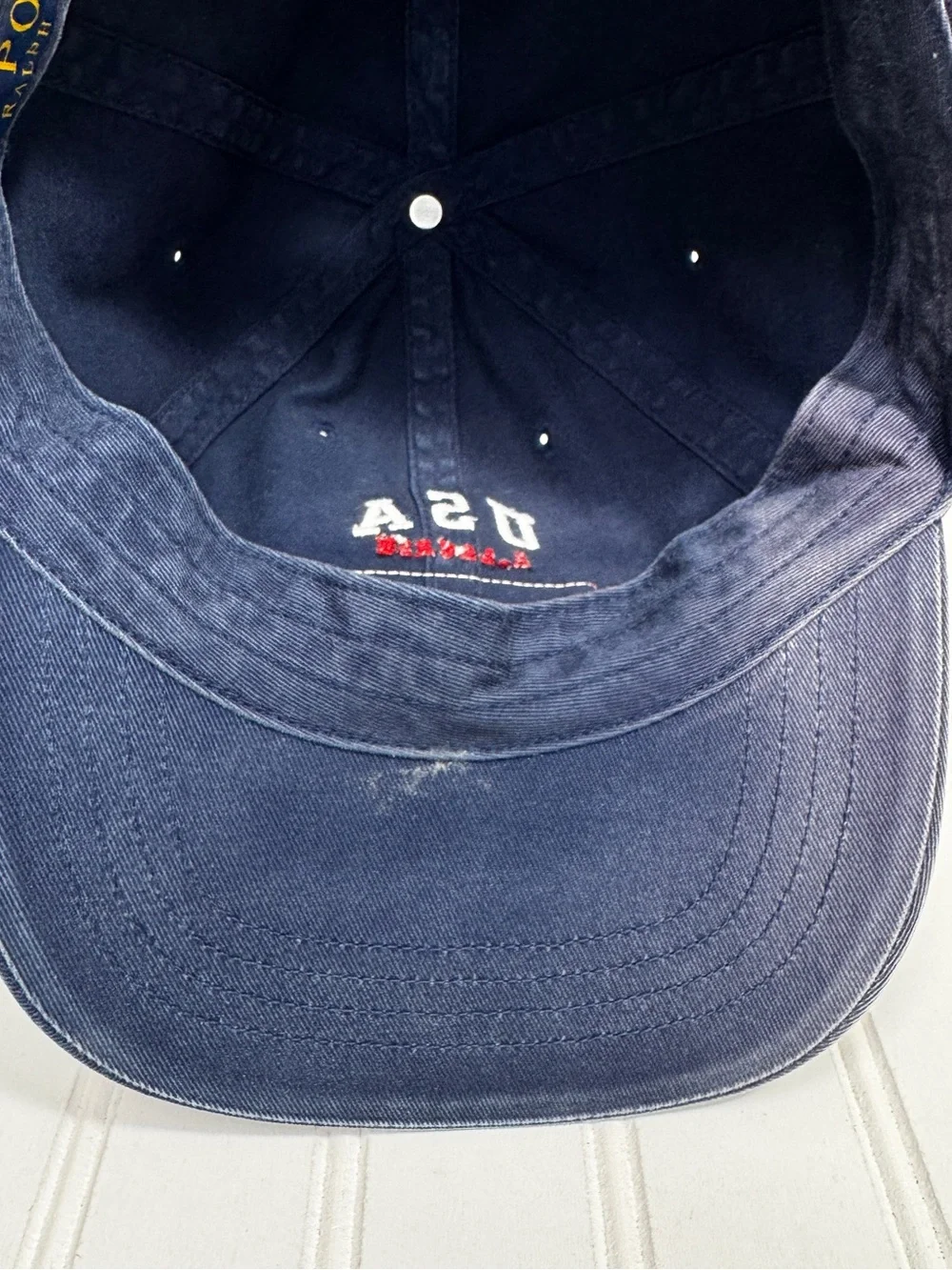 Vintage Polo Ralph Lauren Hat Blue Flag USA Baseball Cap 1990s Strapback Faded